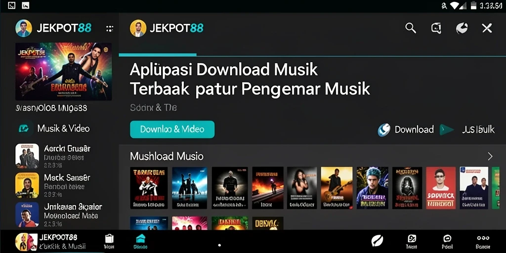 Tampilan antarmuka aplikasi JEKPOT88 untuk Download Musik yang modern dan user-friendly.