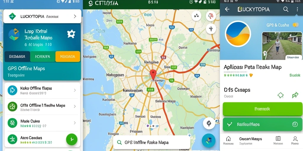 Tampilan antarmuka LUCKYTOPIA dengan fitur GPS Offline Maps.
